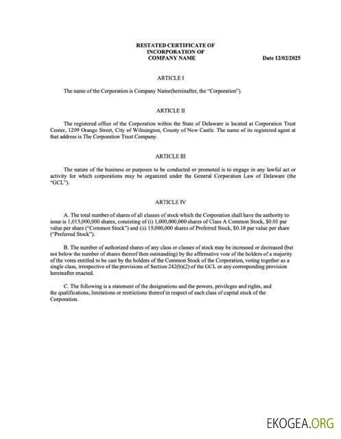 Modèle Word et PDF de certificat de constitution USA Delaware, version 2